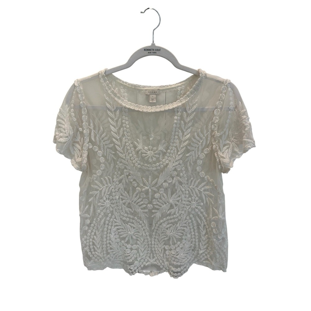 White Embroidered Mesh Lace Boho Festival Cottagecore Blouse Top Size S